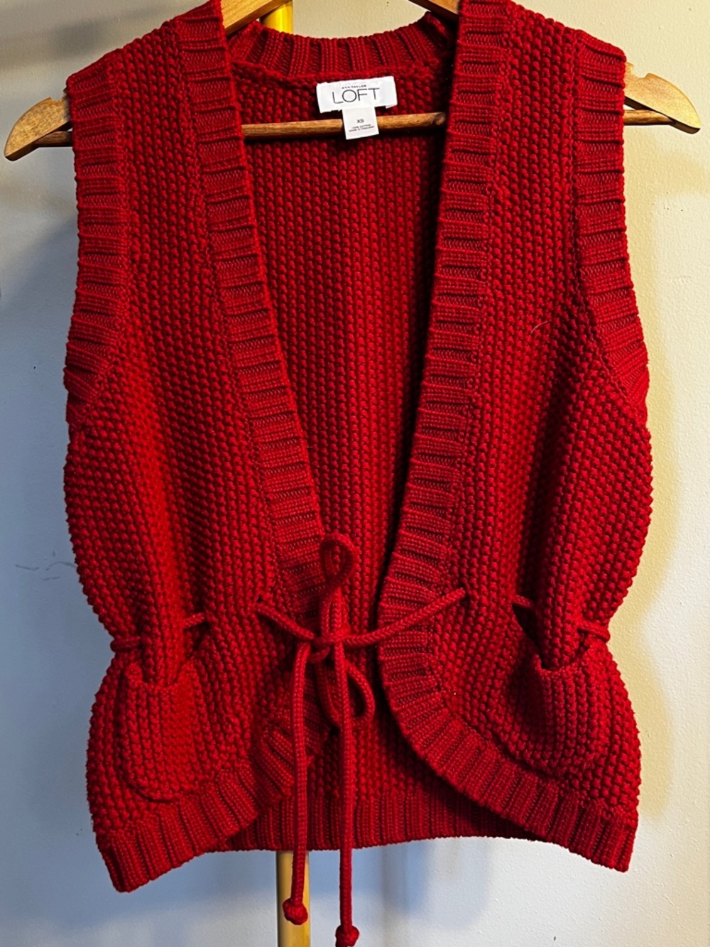 LOFT Bright Red Knit Sleeveless Cardigan Vest with Tie Front